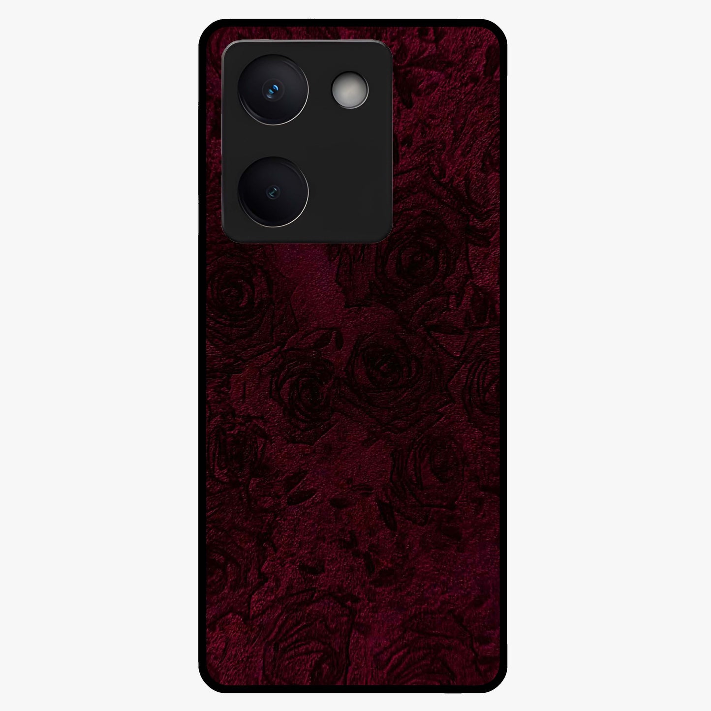 Crimson Fade Flow Glass Case showing flat back view with flowing crimson gradient artwork and glossy glass finish.