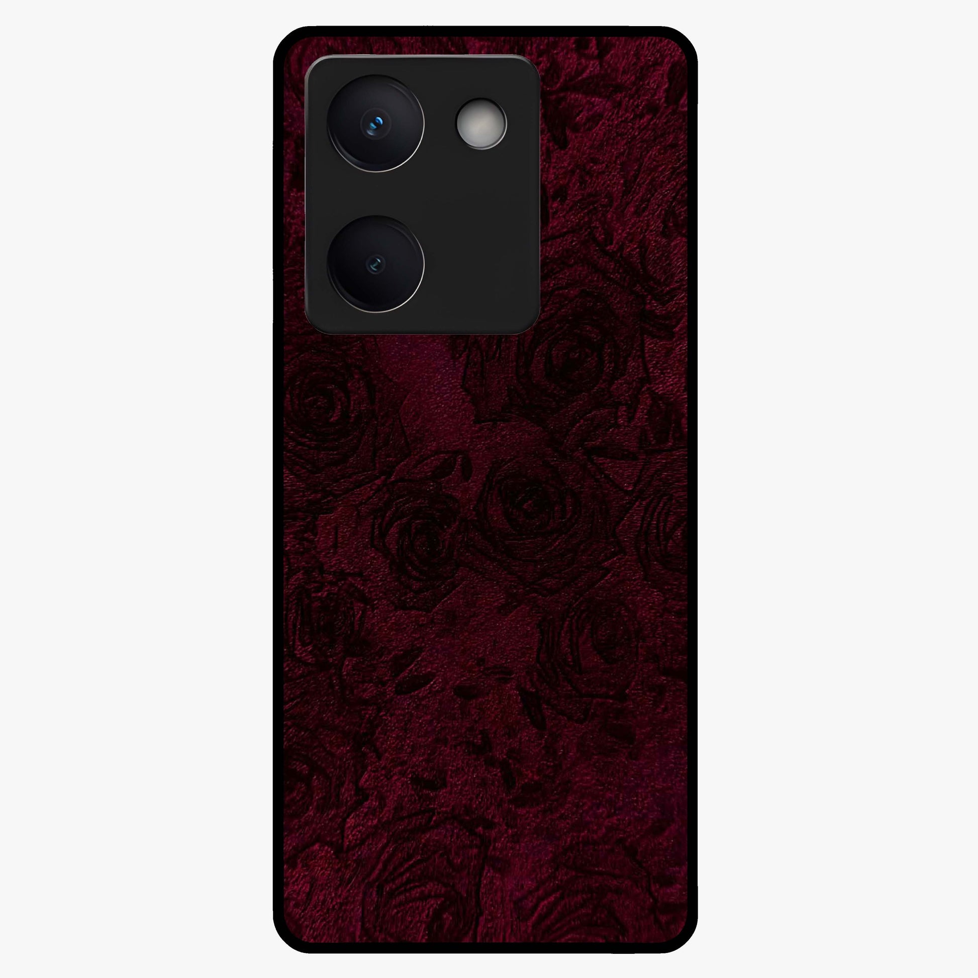 Crimson Fade Flow Glass Case showing flat back view with flowing crimson gradient artwork and glossy glass finish.