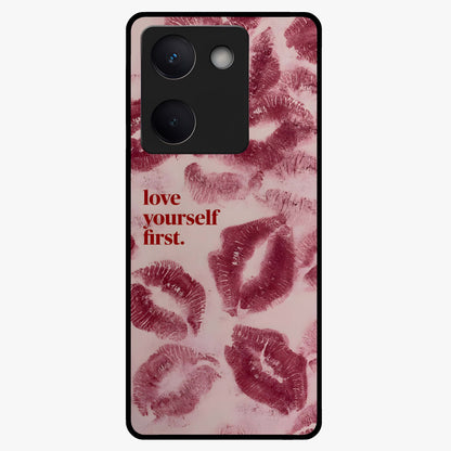 Crimson Kiss Love Glass Case showing flat back view with romantic crimson themed artwork and glossy glass finish.