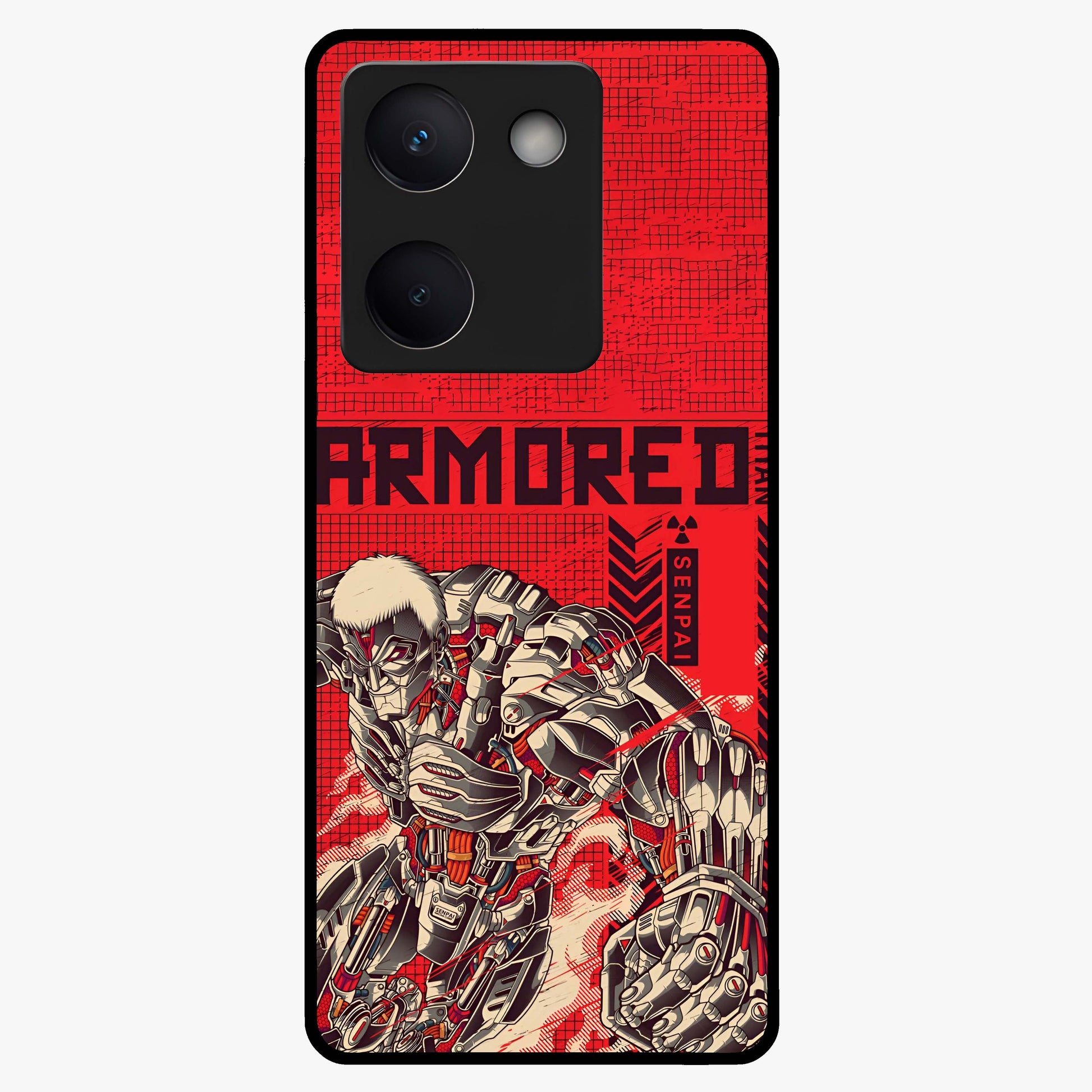 Crimson Mecha Titan Glass Case showing flat back view with powerful mech titan artwork and glossy glass finish.