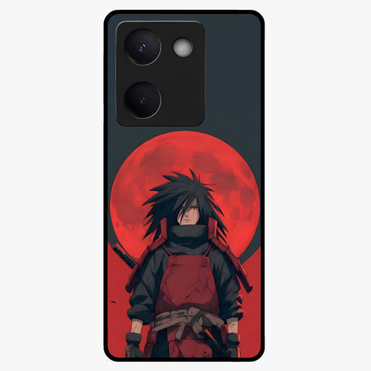 Crimson Moon Warlord Glass Case showing flat back view with mystical moon warrior artwork and glossy glass finish.