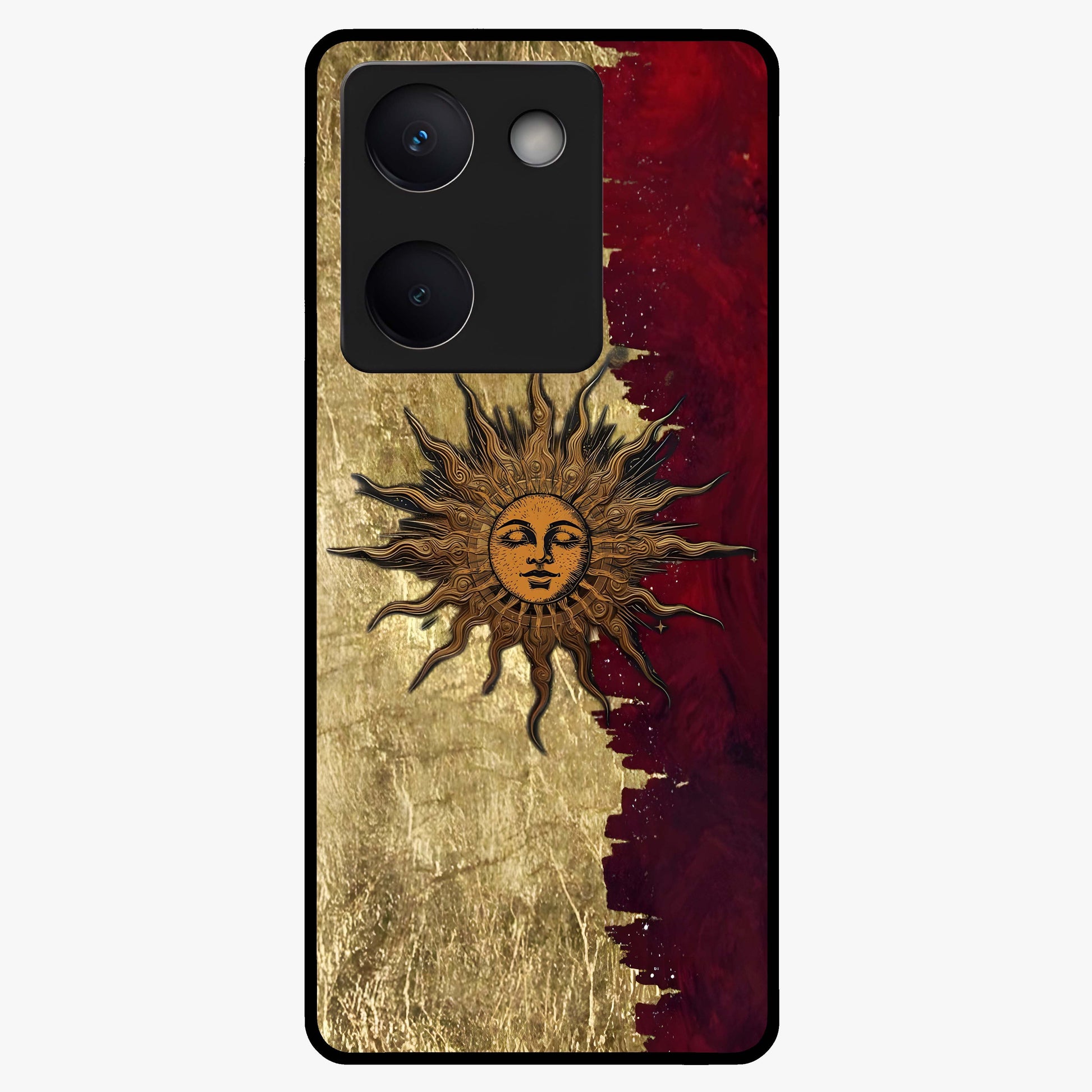 Crimson Sun Majesty Glass Case showing flat back view with radiant sun inspired artwork and glossy glass finish.
