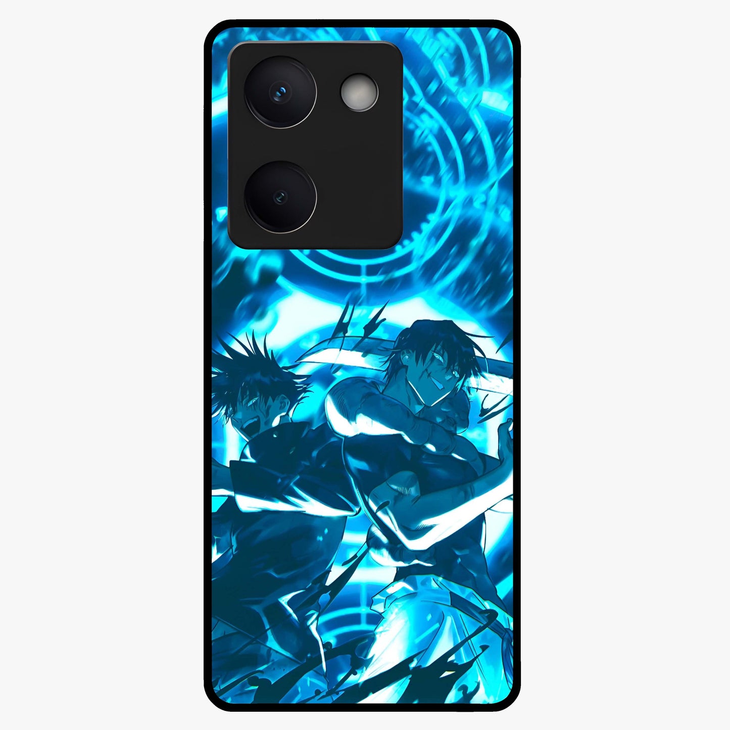 Cursed Energy Clash Glass Case showing flat back view with intense cursed energy artwork and glossy glass finish.