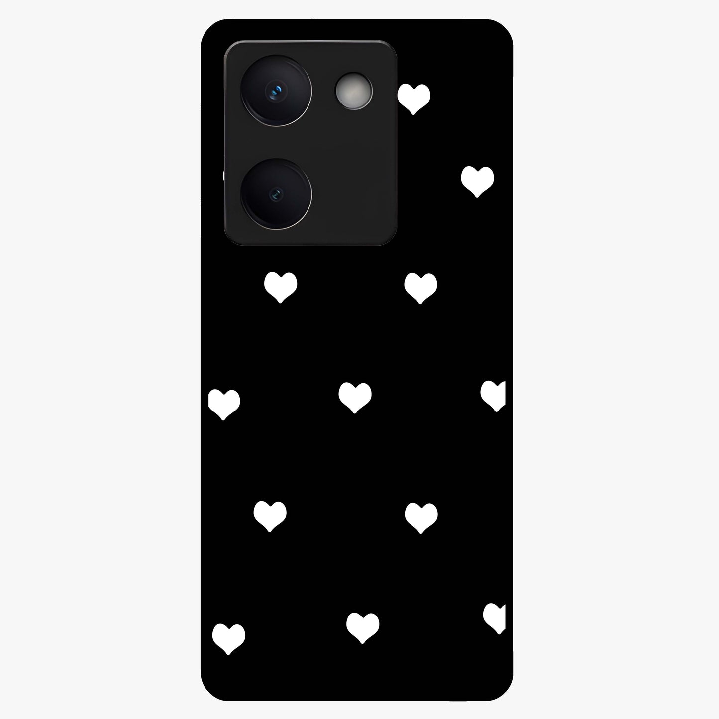 Cute And Simple White Hearts Glass Case showing flat back view with minimal white heart pattern and glossy glass finish.