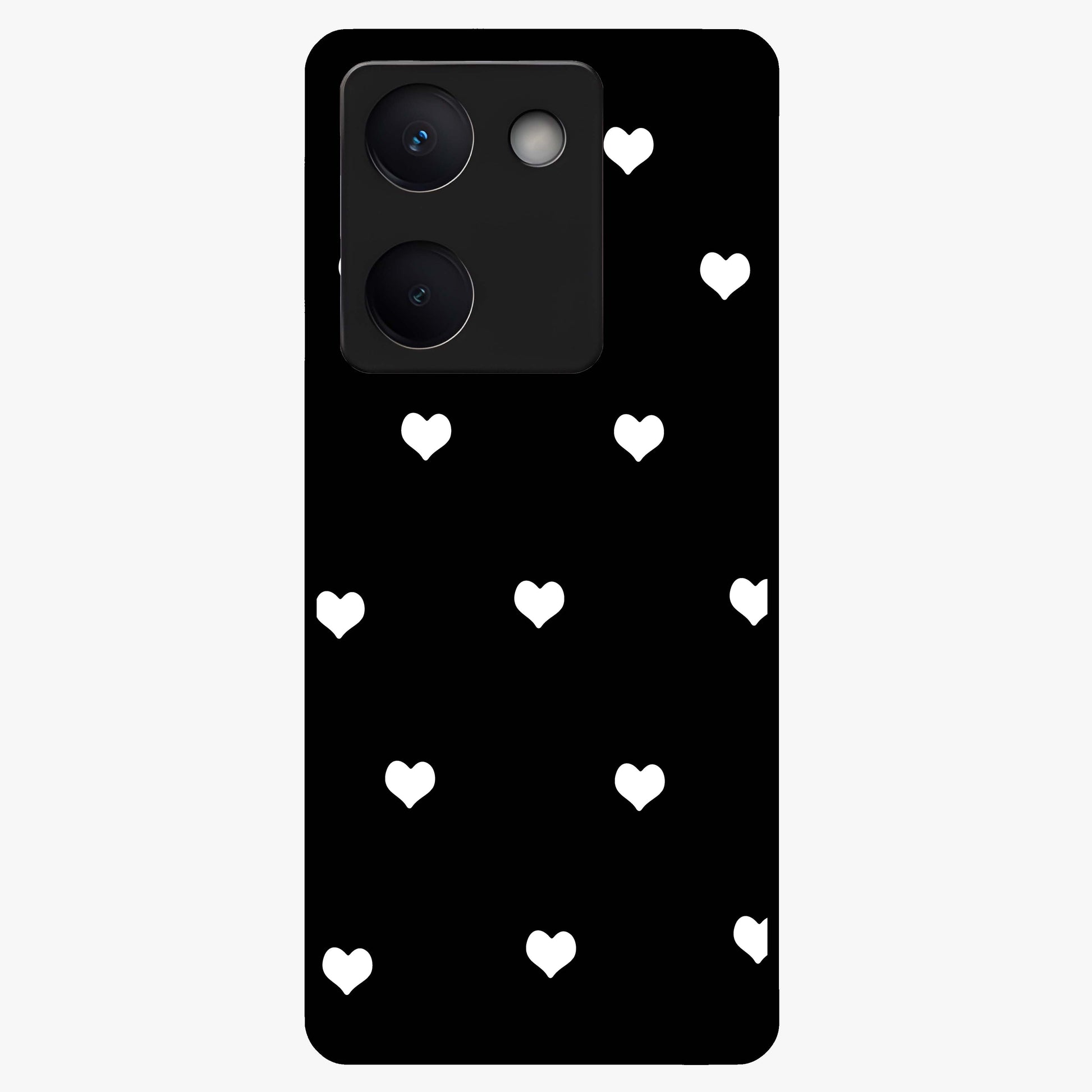 Cute And Simple White Hearts Glass Case showing flat back view with minimal white heart pattern and glossy glass finish.