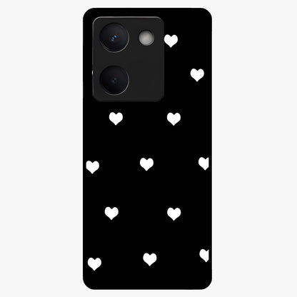 Cute And Simple White Hearts Glass Case showing flat back view with minimal white heart pattern and glossy glass finish.