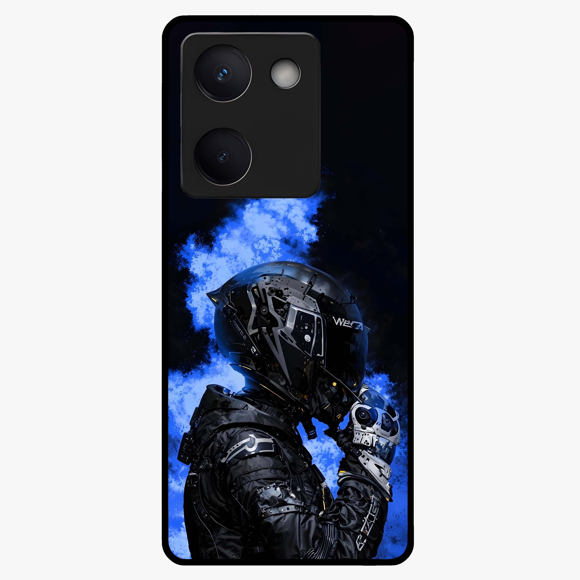 Cyber Sentinel Protocol Glass Case showing flat back view with futuristic cyber themed artwork and glossy glass finish.