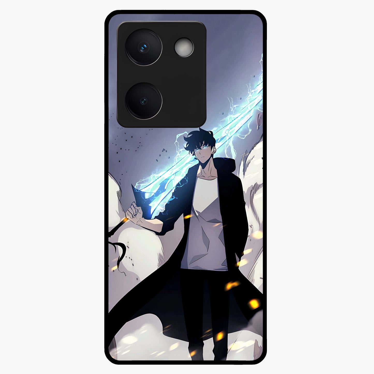 Dark Lightning Anime Warrior Glass Case showing flat back view with intense anime warrior artwork and glossy glass finish.