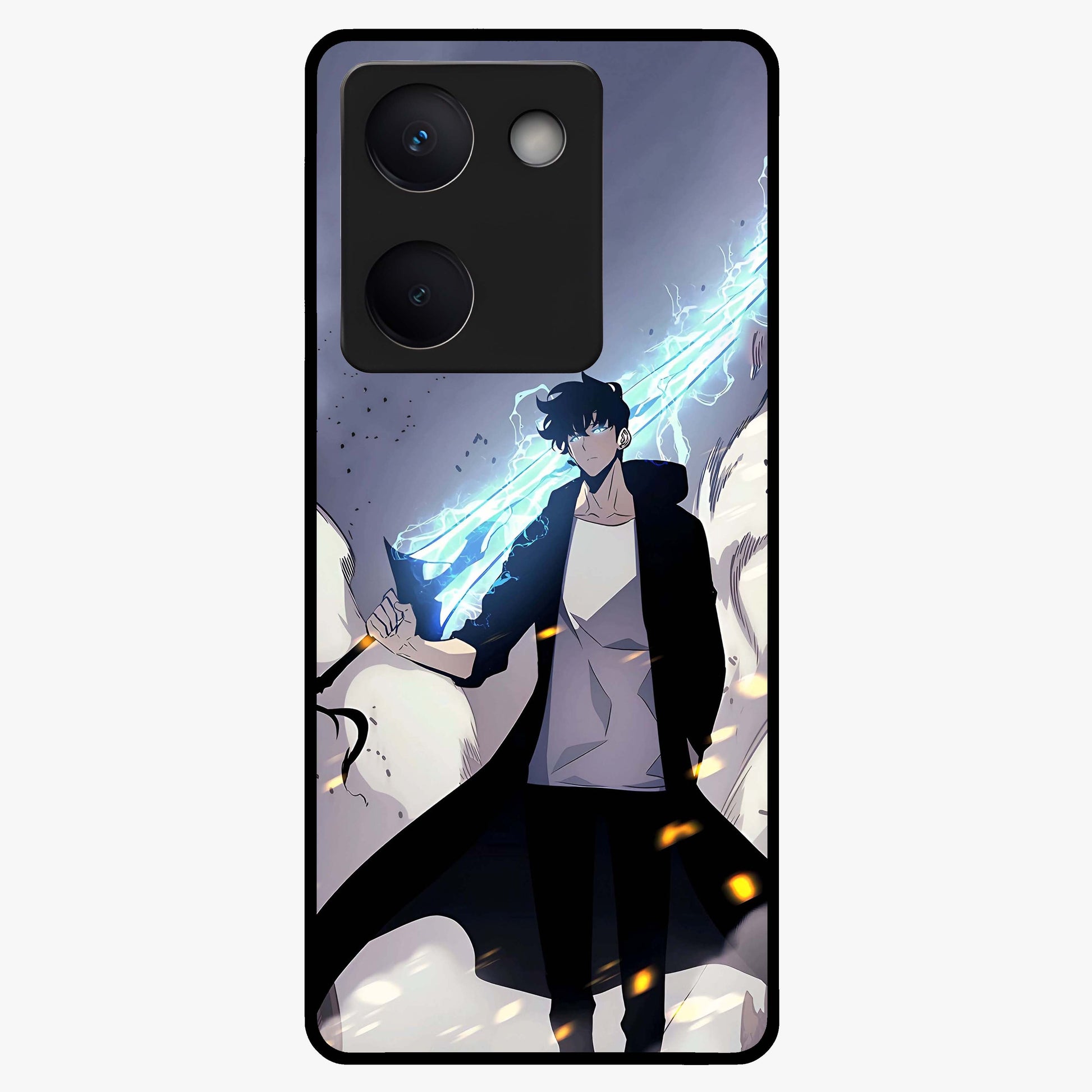 Dark Lightning Anime Warrior Glass Case showing flat back view with intense anime warrior artwork and glossy glass finish.