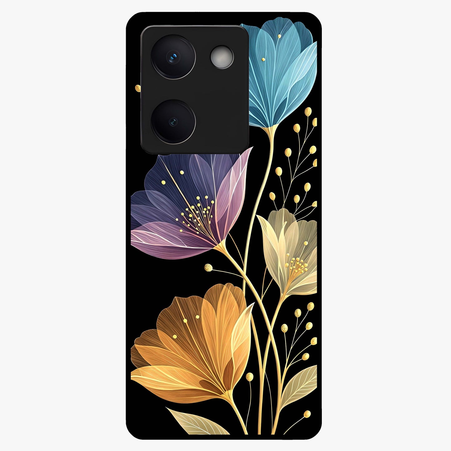 Delicate Multicolor Flowers Glass Case showing flat back view with vibrant floral artwork and glossy glass finish.