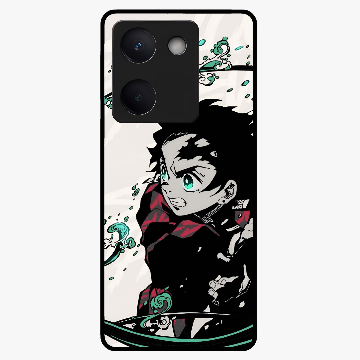 Demon Slayer Glass Case showing flat back view with bold anime inspired artwork and glossy glass finish.