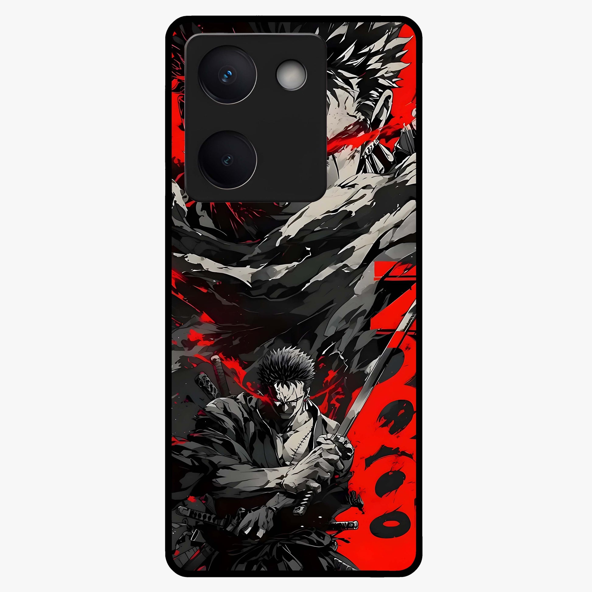 Demon Sword Resolve Glass Case showing flat back view with fierce sword warrior artwork and glossy glass finish.