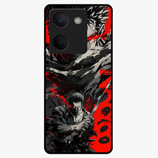 Demon Sword Resolve Glass Case showing flat back view with fierce sword warrior artwork and glossy glass finish.