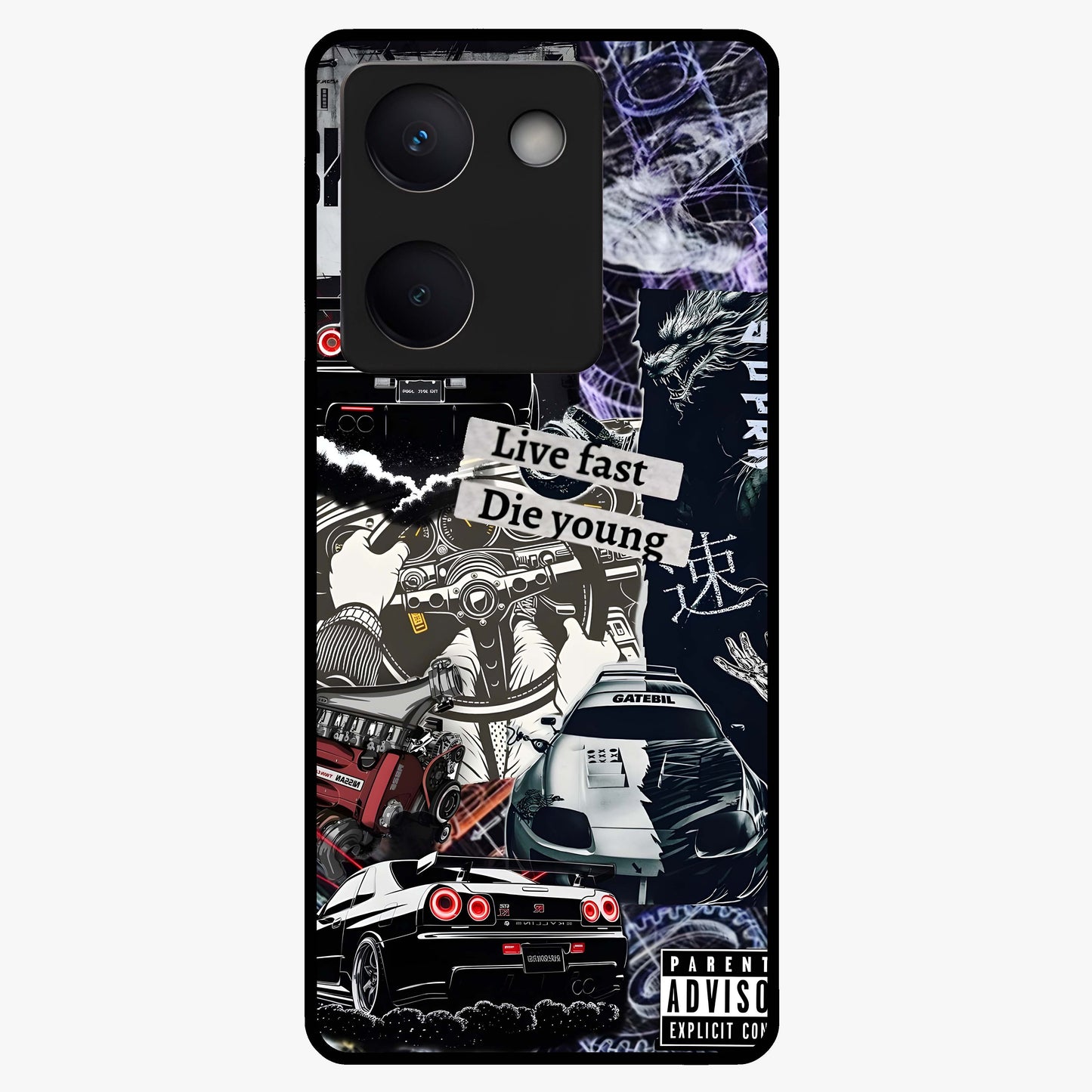 Die Young Glass Case showing flat back view with bold artistic typography design and glossy glass finish.