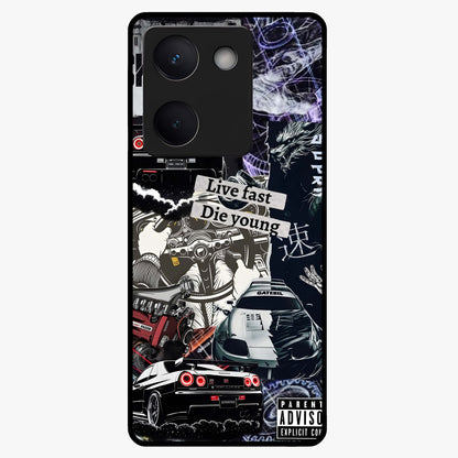 Die Young Glass Case showing flat back view with bold artistic typography design and glossy glass finish.