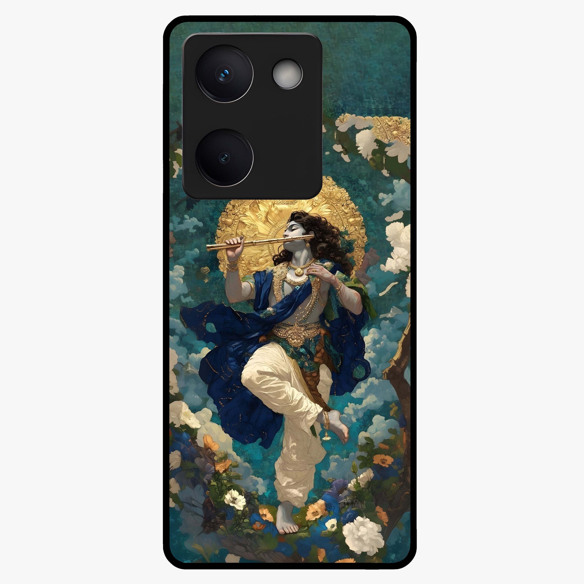 Divine Krishna Art Glass Case showing flat back view with Lord Krishna artwork and glossy glass finish.
