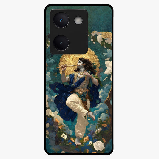 Divine Krishna Art Glass Case showing flat back view with Lord Krishna artwork and glossy glass finish.
