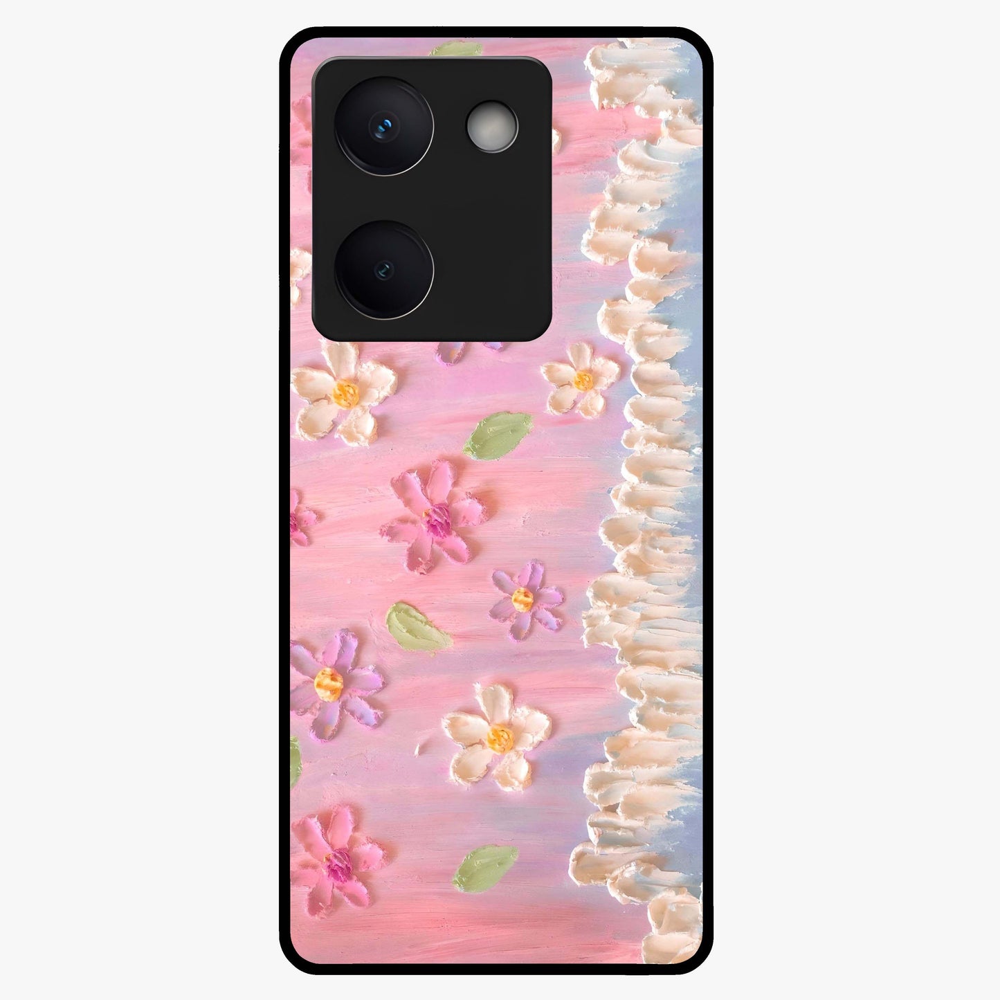 Dreamy Painted Garden Glass Case showing flat back view with artistic painted floral garden artwork and glossy glass finish.