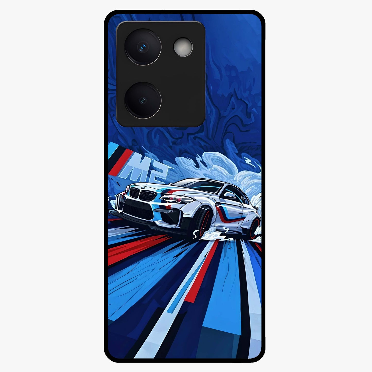 Drift Power Rush Glass Case showing flat back view with dynamic racing inspired artwork and glossy glass finish.