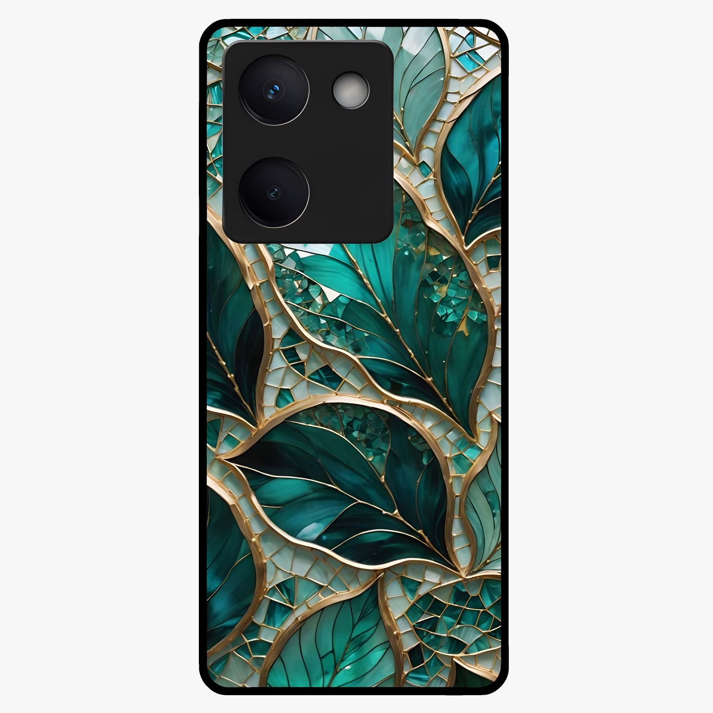 Emerald Leaf Glass Glass Case showing flat back view with emerald green leaf artwork and glossy glass finish.