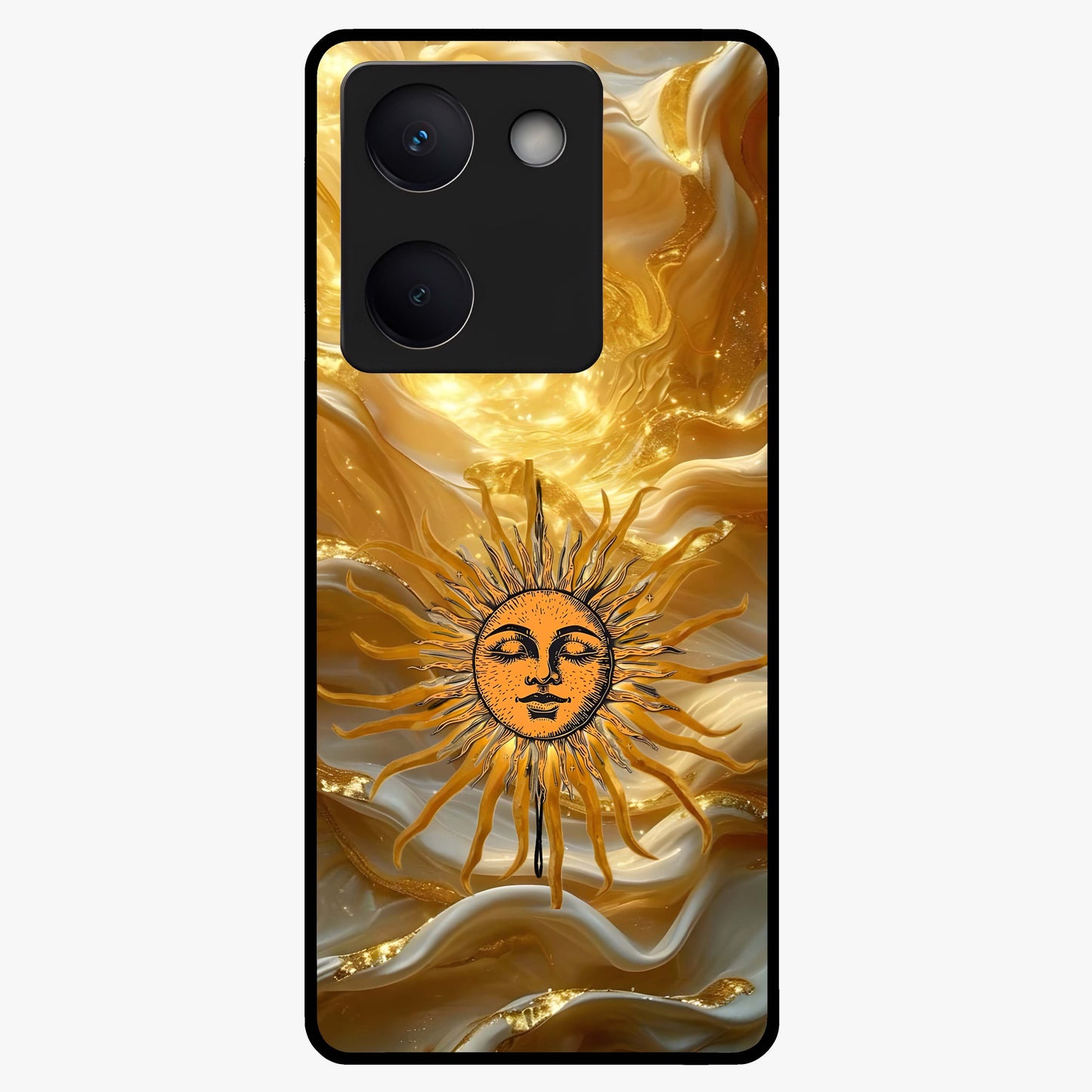 Eternal Golden Glow Glass Case showing flat back view with radiant golden themed artwork and glossy glass finish.