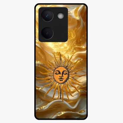 Eternal Golden Glow Glass Case showing flat back view with radiant golden themed artwork and glossy glass finish.