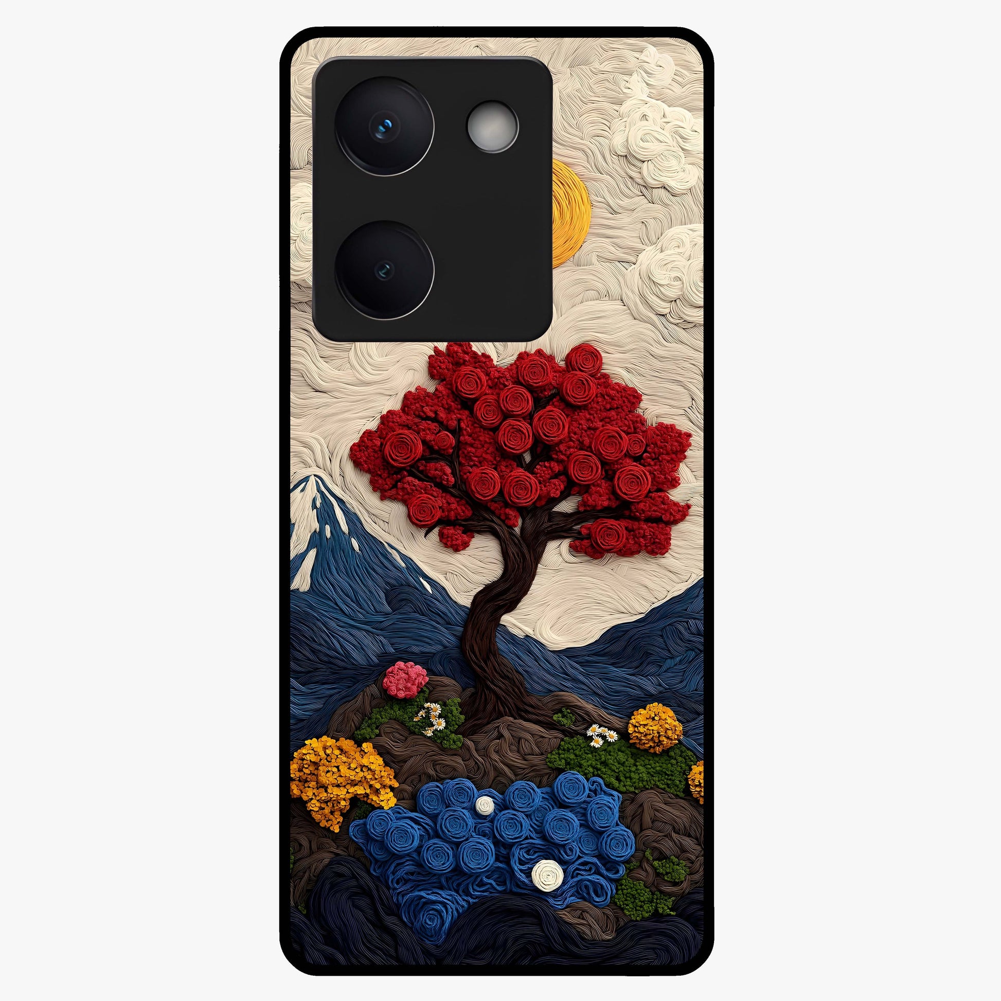 Eternal Nature Tapestry Glass Case showing flat back view with intricate nature tapestry artwork and glossy glass finish.
