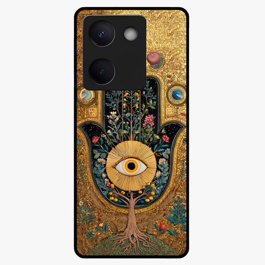 Ethereal Evil Eye Glass Case showing flat back view with mystical evil eye artwork and glossy glass finish.