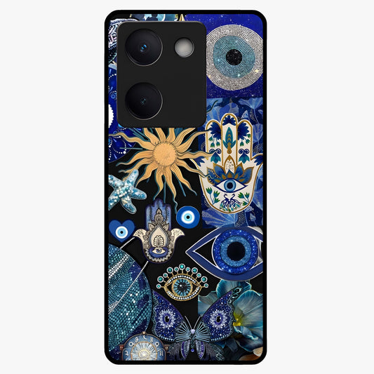 Evil Eye Charm Mix Glass Case showing flat back view with multiple evil eye charms artwork and glossy glass finish.
