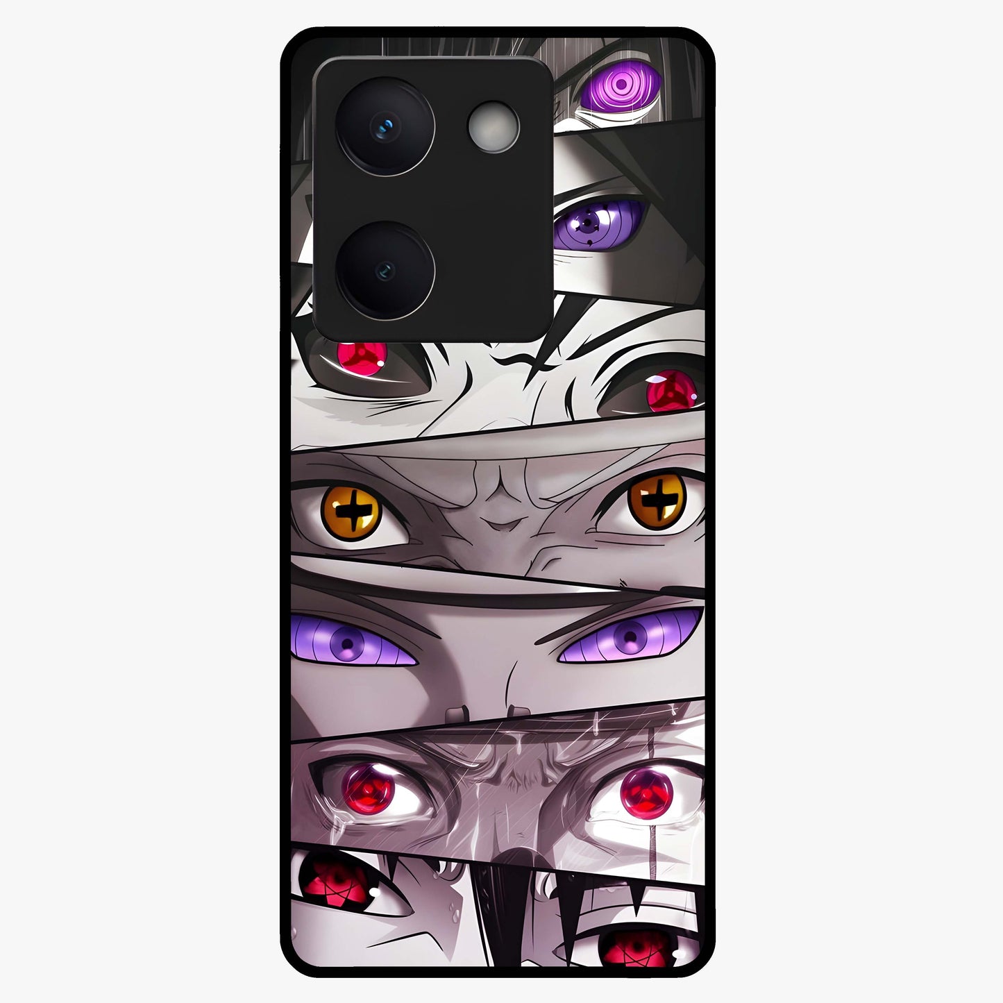 Eyes of Destiny Glass Case showing flat back view with striking eye themed artwork and glossy glass finish.
