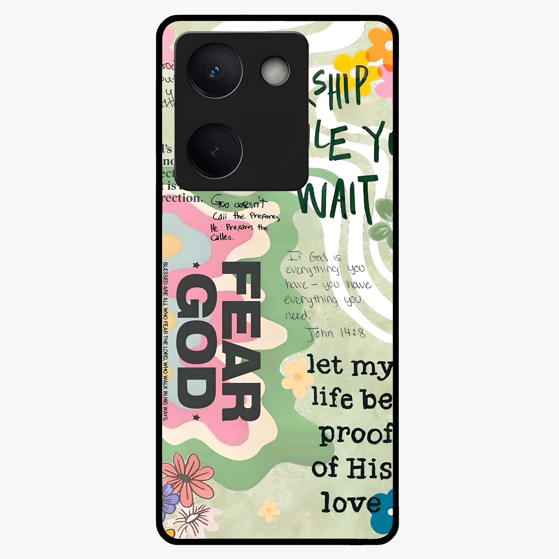 Faith Over Fear Glass Case showing flat back view with motivational typography artwork and glossy glass finish.