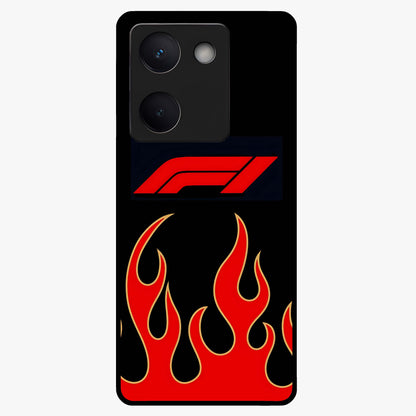 Fire F11 Glass Case showing flat back view with fiery themed artwork and glossy glass finish.