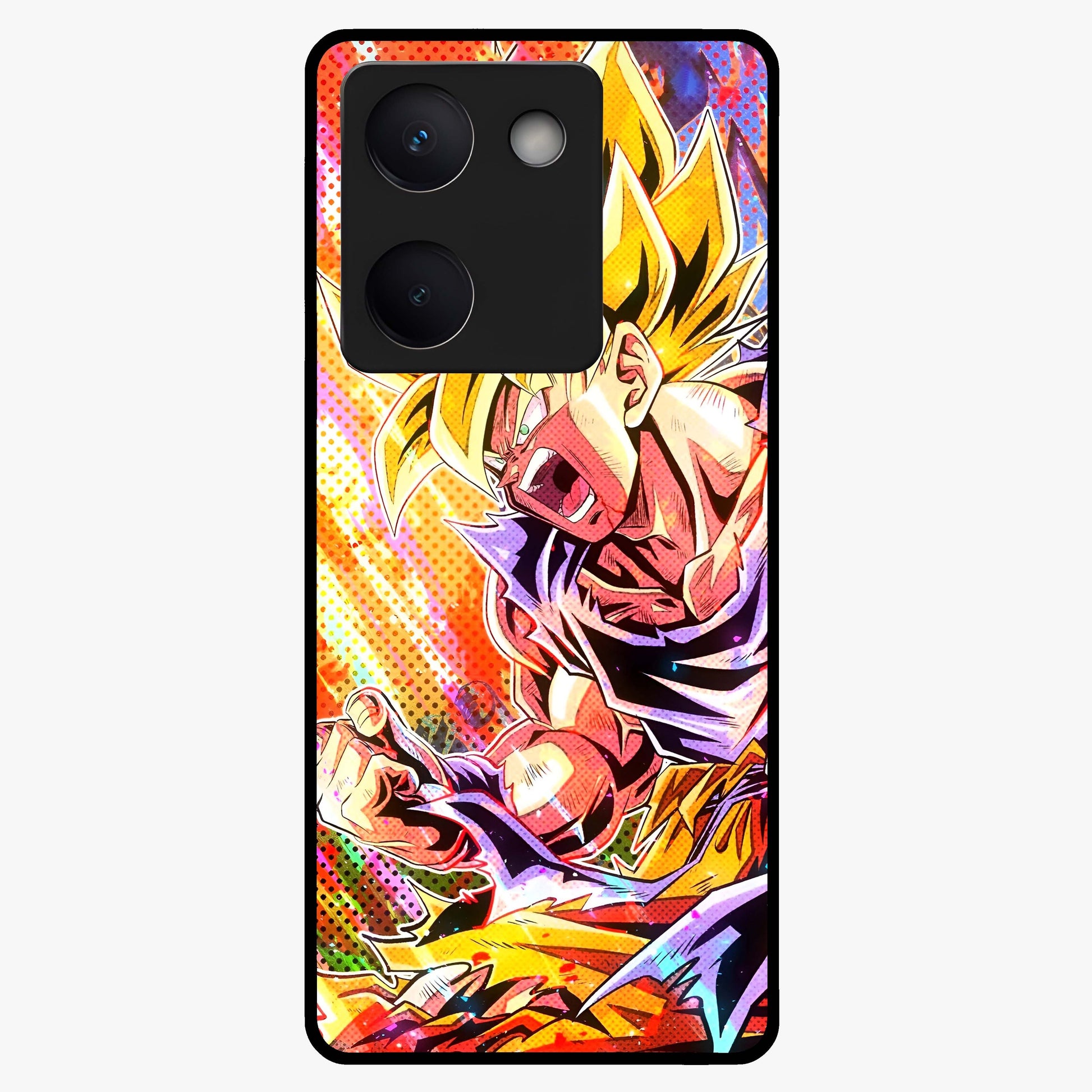 Firing Goku Glass Case showing flat back view with powerful anime inspired artwork and glossy glass finish.