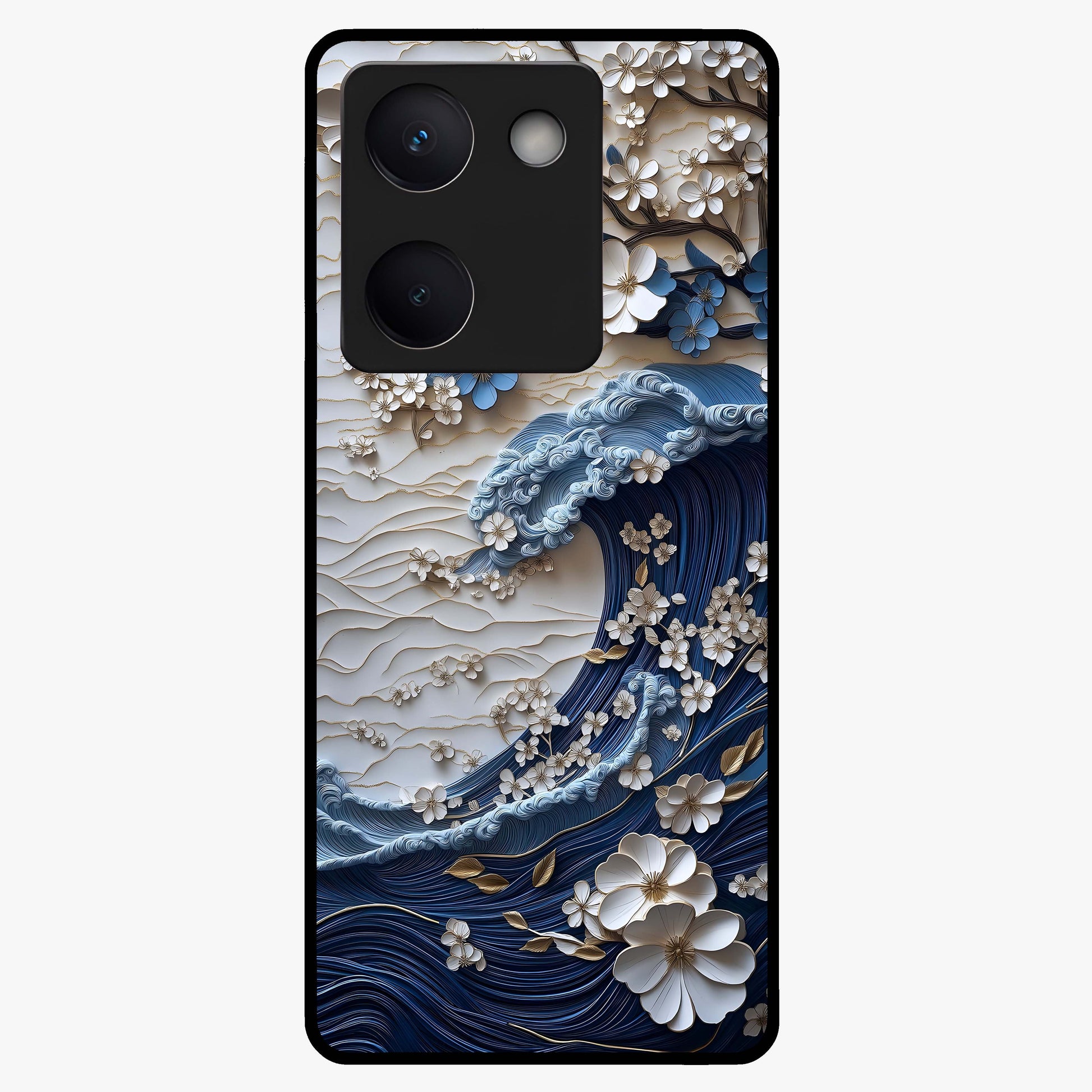 Floral Wave Origami Glass Case showing flat back view with origami inspired floral wave artwork and glossy glass finish.