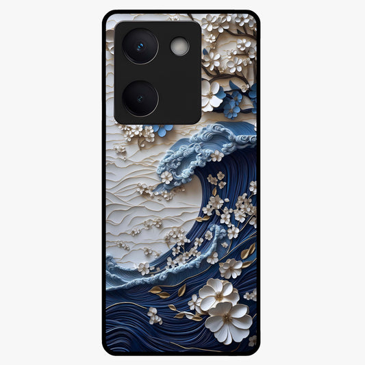Floral Wave Origami Glass Case showing flat back view with origami inspired floral wave artwork and glossy glass finish.