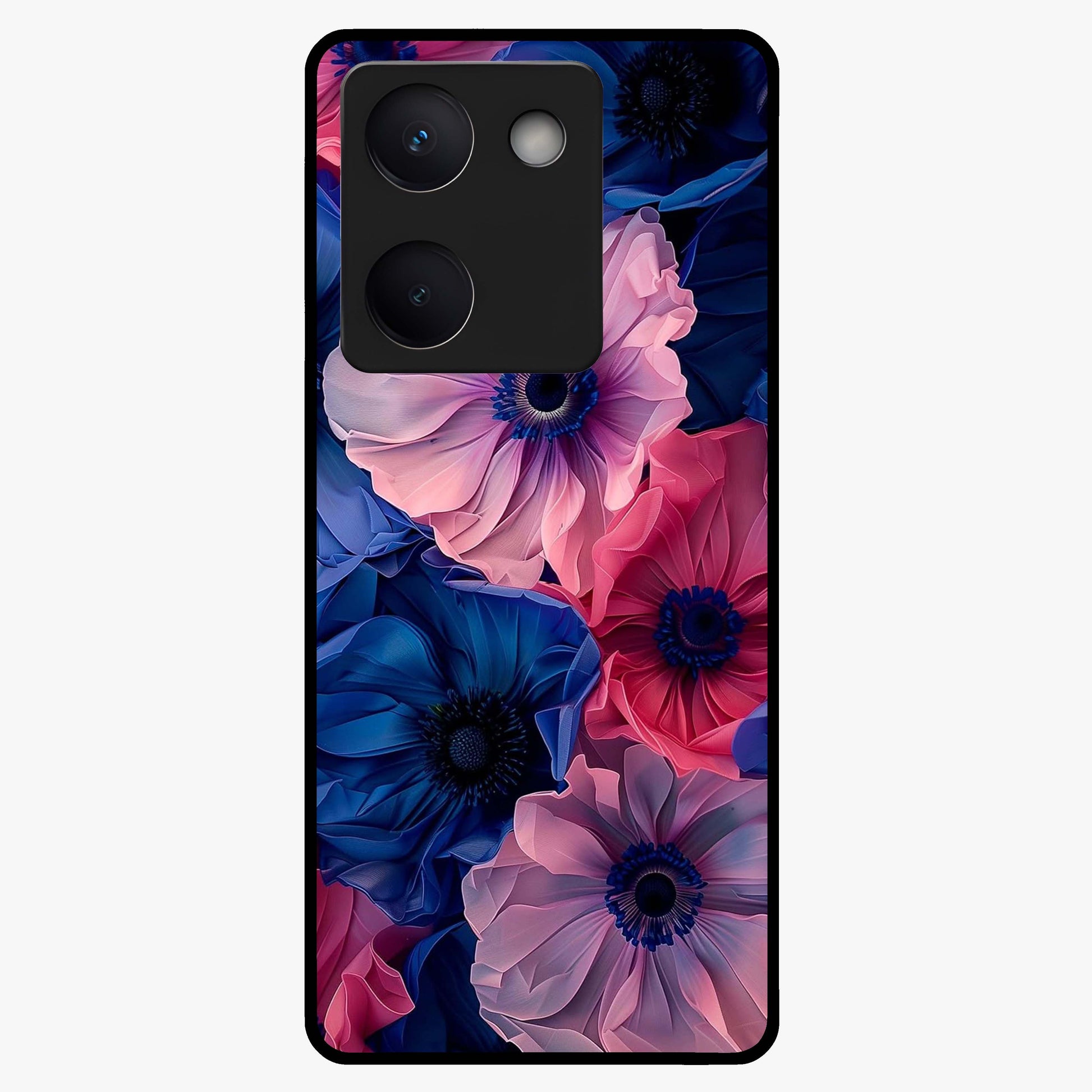 Flower Paper Art Pattern Glass Case showing flat back view with paper cut style floral artwork and glossy glass finish.
