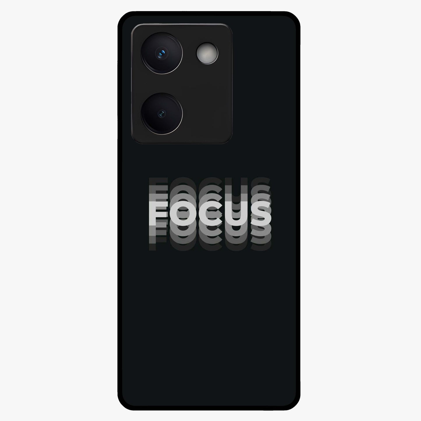 Focus Mode On Glass Case showing flat back view with bold motivational typography design and glossy glass finish.