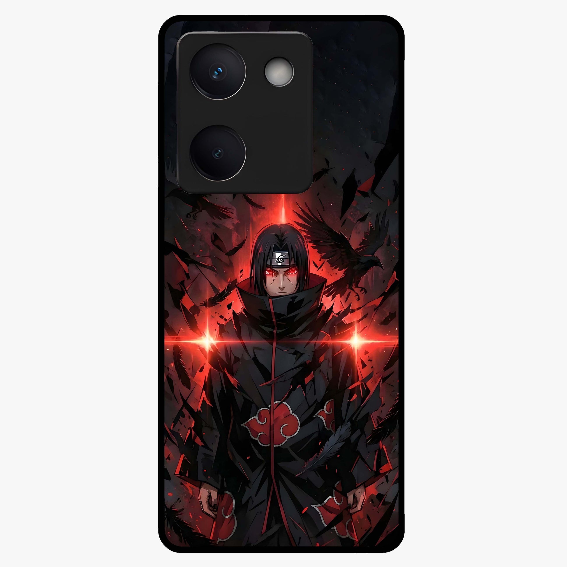 Focused Blade Discipline Glass Case showing flat back view with warrior sword themed artwork and glossy glass finish.