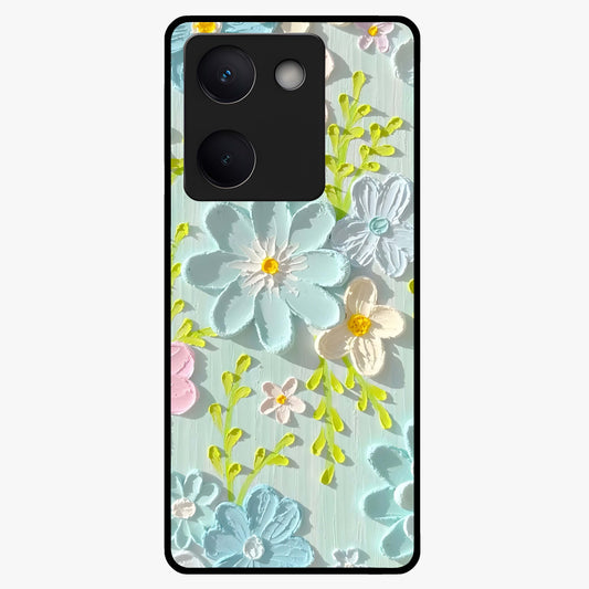 Frosted Petal Garden Glass Case showing flat back view with soft frosted floral artwork and glossy glass finish.