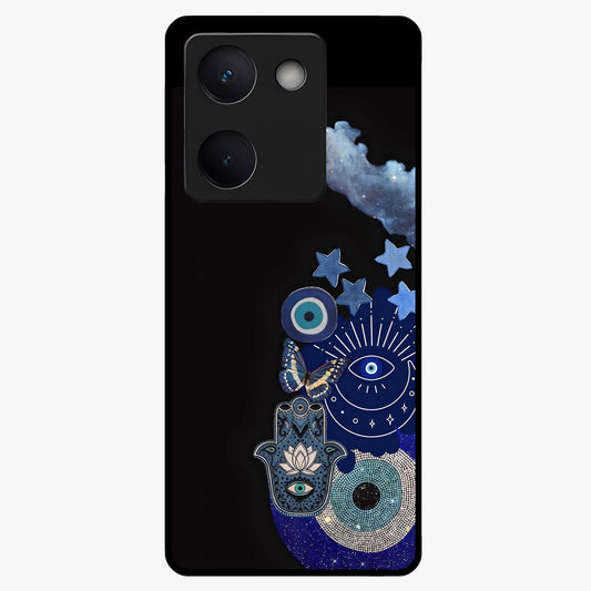 Galactic Charm Cluster Glass Case showing flat back view with glowing celestial charm artwork and glossy glass finish.