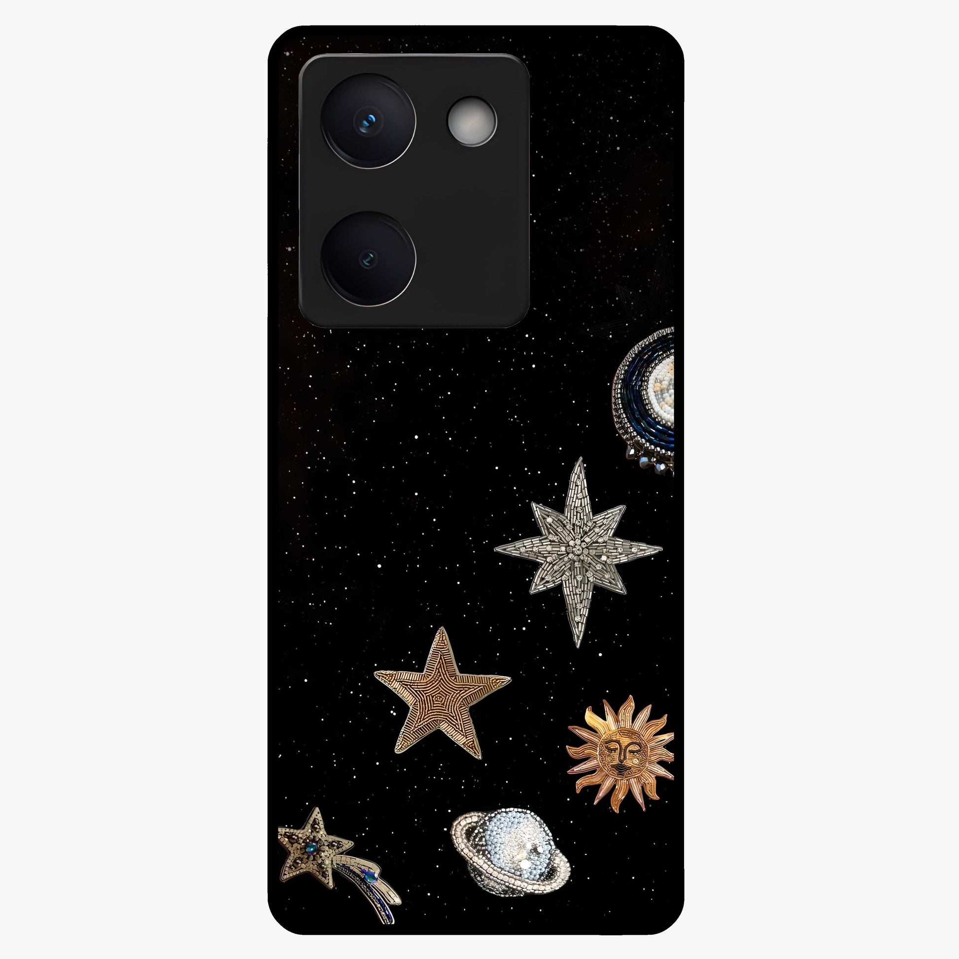 Galactic Charm Glow Glass Case showing flat back view with glowing celestial charm artwork and glossy glass finish.