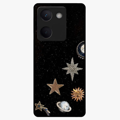 Galactic Charm Glow Glass Case showing flat back view with glowing celestial charm artwork and glossy glass finish.