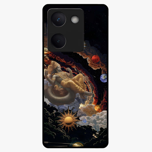 Galactic Divine God Glass Case showing flat back view with divine cosmic themed artwork and glossy glass finish.