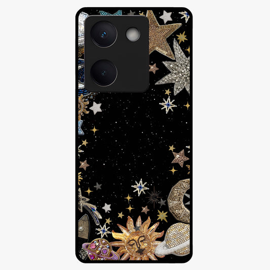 Galactic Jewel Stars Glass Case showing flat back view with sparkling star jewel artwork and glossy glass finish.