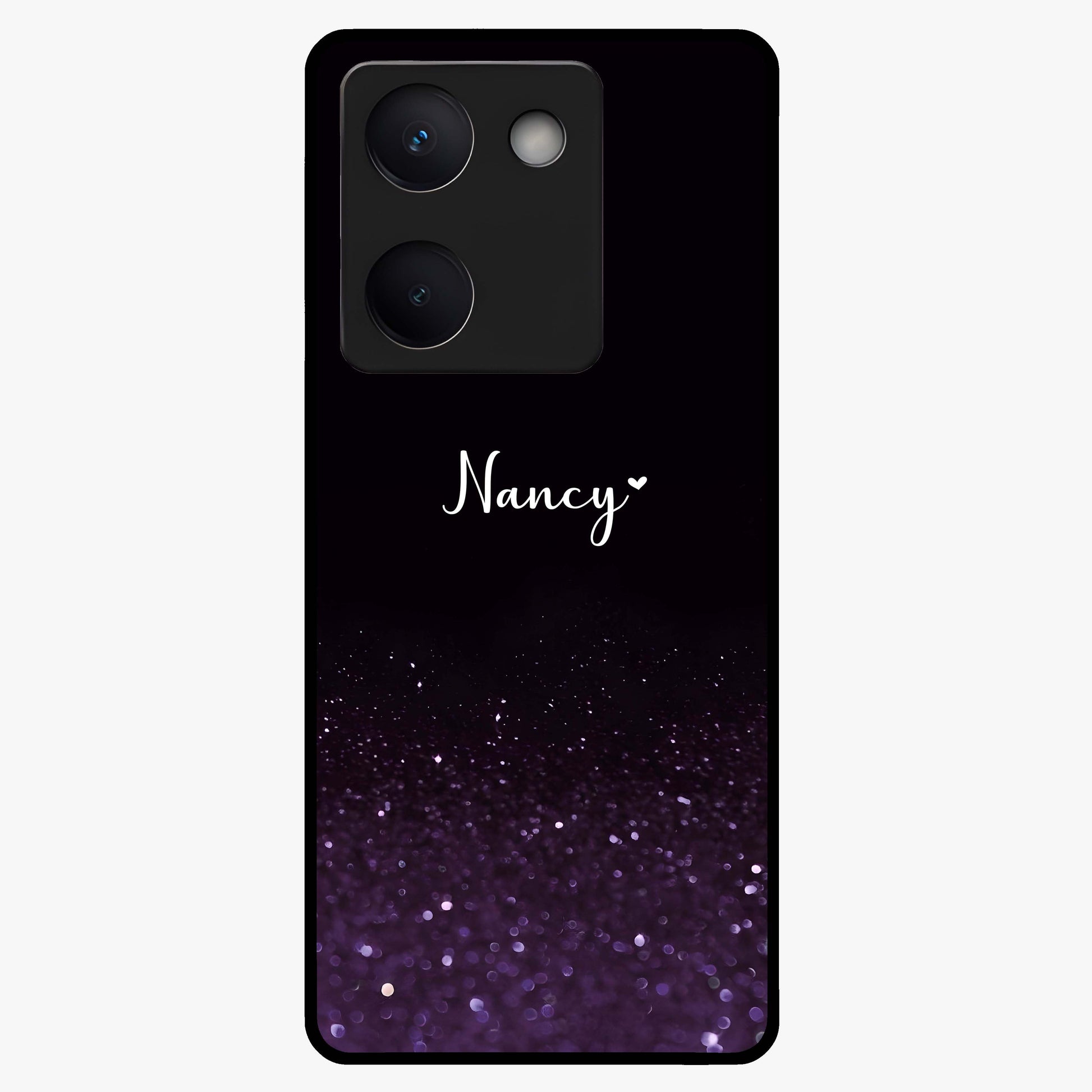 Glittery Purple Bokeh Custom Name Glass Case showing flat back view with purple bokeh sparkle artwork and personalized name design.