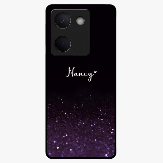 Glittery Purple Bokeh Custom Name Glass Case showing flat back view with purple bokeh sparkle artwork and personalized name design.