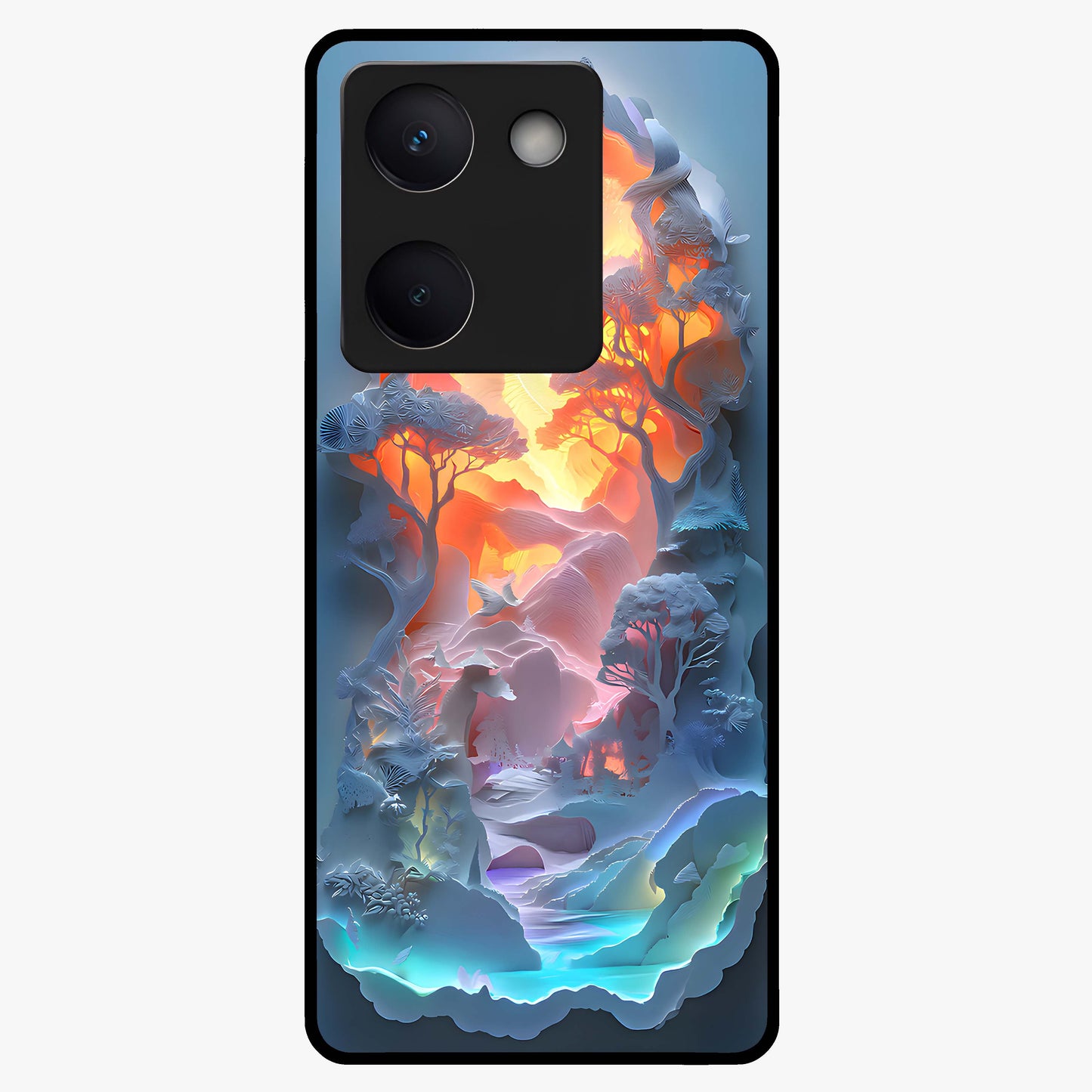Glow Forest Portal Glass Case showing flat back view with glowing forest portal artwork and glossy glass finish.