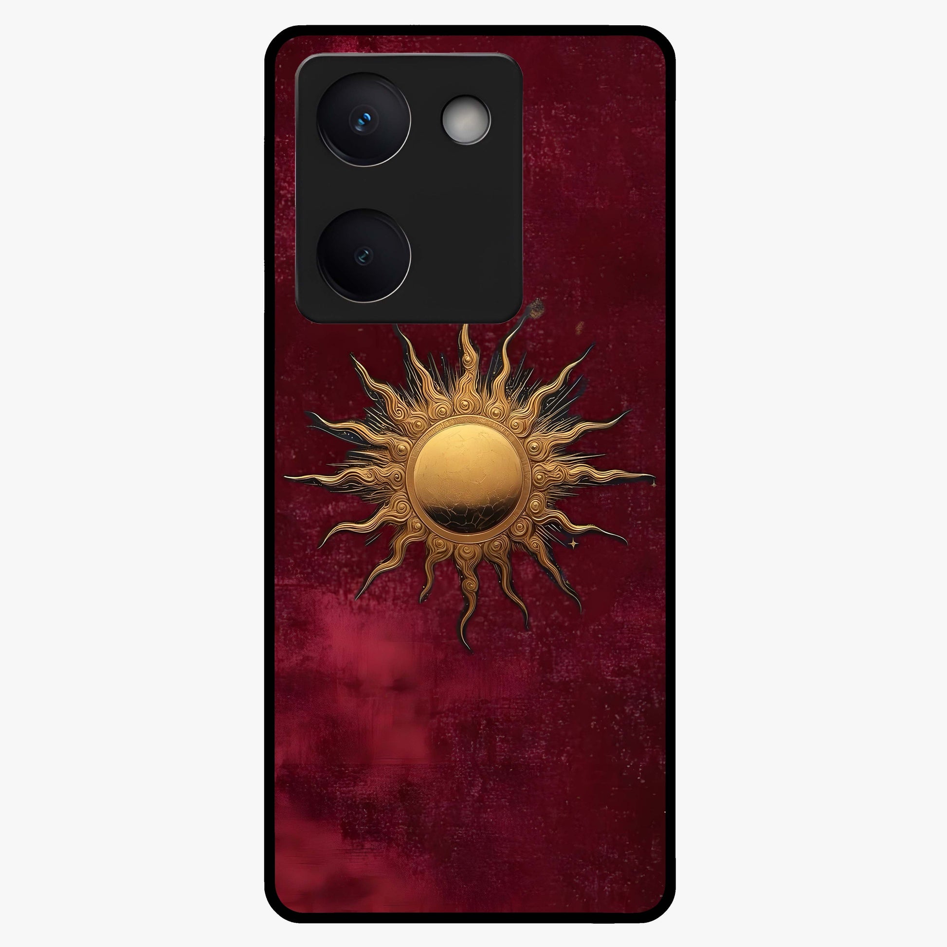 Gold Sun Blush Glass Case showing flat back view with golden sun inspired artwork and glossy glass finish.