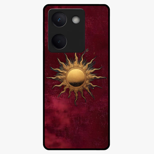Gold Sun Blush Glass Case showing flat back view with golden sun inspired artwork and glossy glass finish.