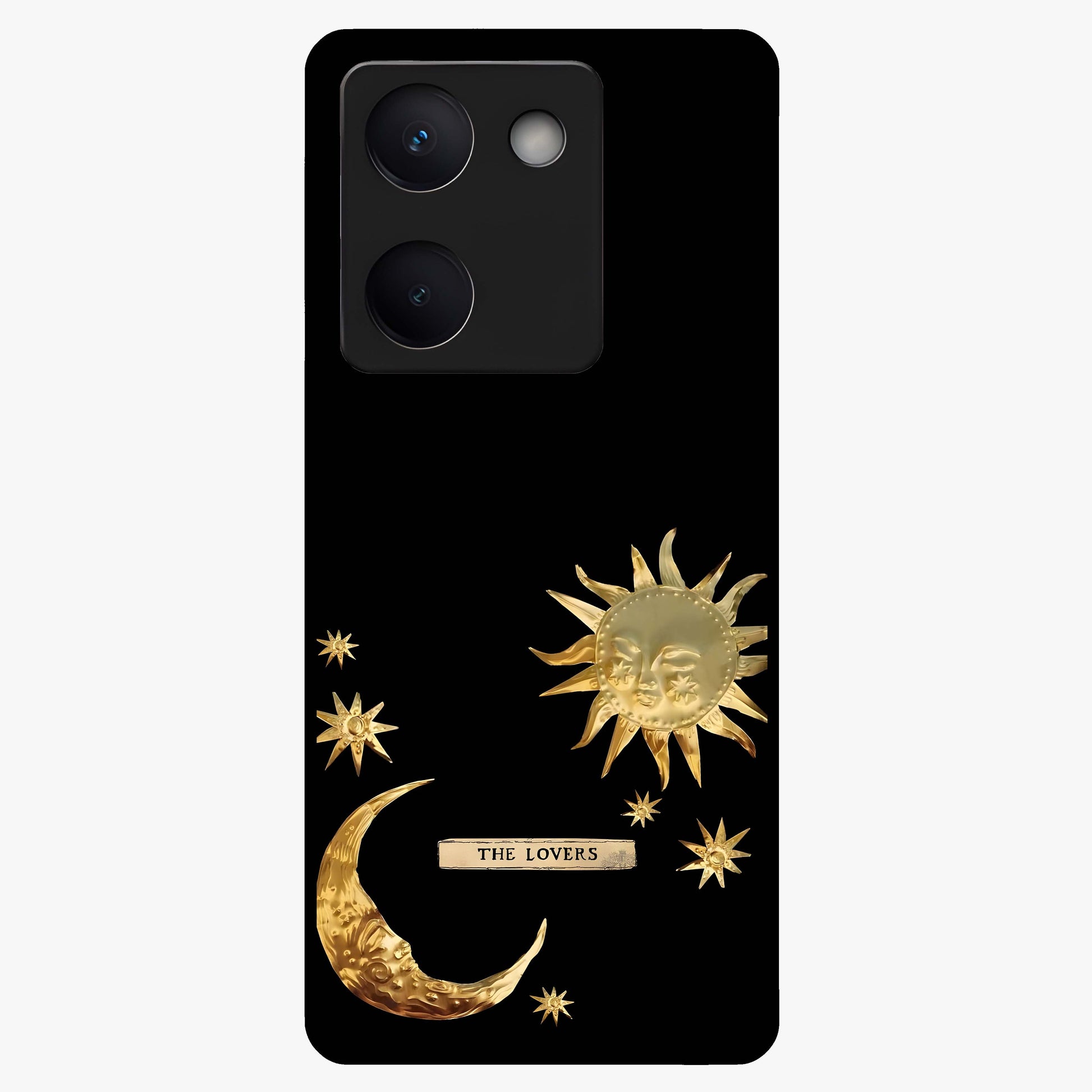 Golden Celestial Charm Glass Case showing flat back view with golden celestial charm artwork and glossy glass finish.